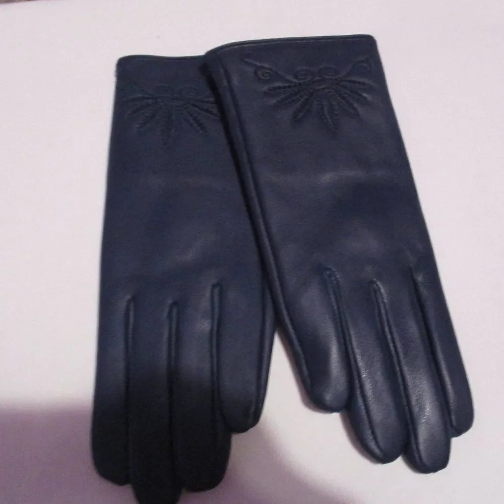 Touchscreen Gloves Leather Quilted Pattern Blue